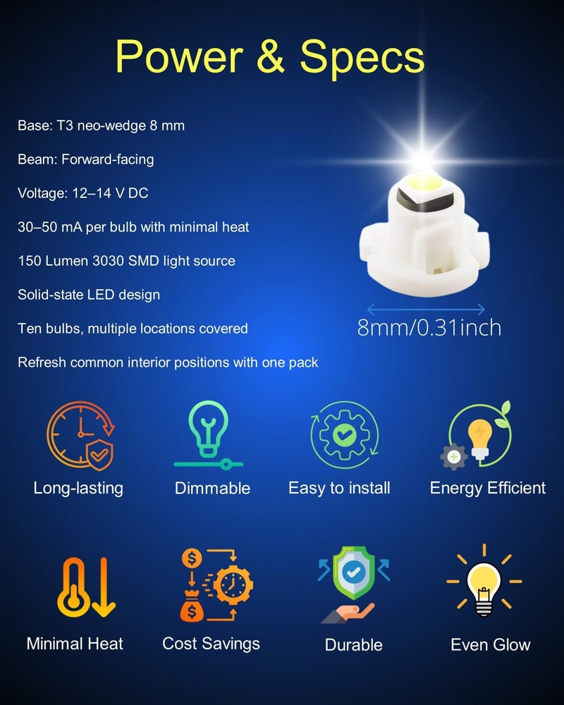 WLJH 10x Ice Blue T3 Neo Wedge Led 3030 SMD Chip 8mm Base Car Dash Instrument Bulb Clock Check Engine Transmission Fasten Seat Belt Hi-Beam Parking Brake Turn Signal Ignition Indicator Lights - Image 4